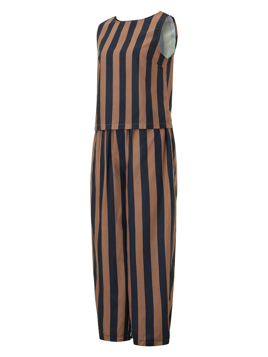 Women’s 2 Piece Summer Pant Outfits Sleeveless Plaid/Stripes Print Tank Tops + Pants Set Casual Streetwear