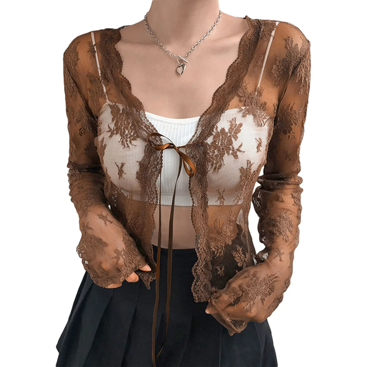 Women Floral Lace Shirts Long Sleeve Front Tie-up Smock Tops Sexy Beach Tops and Blouses Female See Through Cover-ups