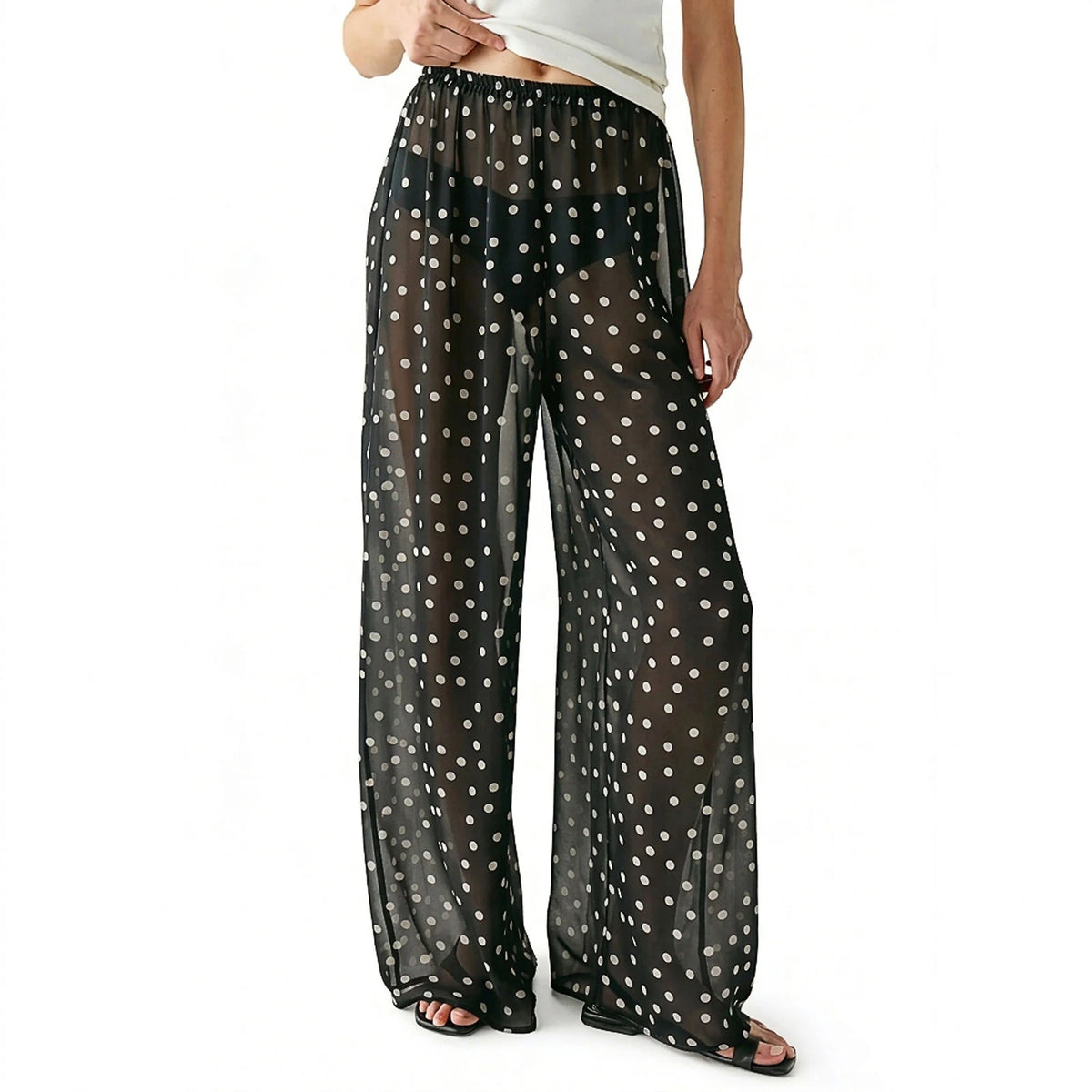 Women Sheer Mesh Pants Dots Print Elastic Waist Loose Fit Wide Leg Trousers Beach Bikini Cover up See Through Club Trousers