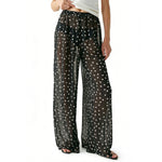 Women Sheer Mesh Pants Dots Print Elastic Waist Loose Fit Wide Leg Trousers Beach Bikini Cover up See Through Club Trousers