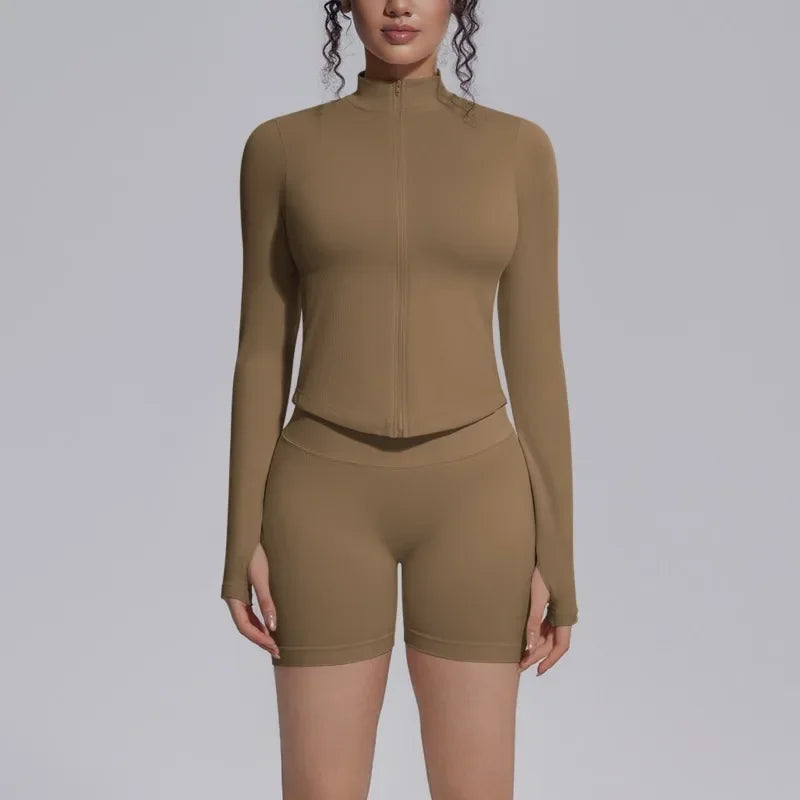 Women's Seamless Yoga Sets Sports Fitness Gym Zipper Long-Sleeve Jacket Hip Lift High-Waist Shorts Suits Workout Training Sets