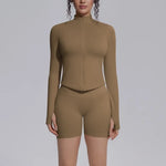 Women's Seamless Yoga Sets Sports Fitness Gym Zipper Long-Sleeve Jacket Hip Lift High-Waist Shorts Suits Workout Training Sets