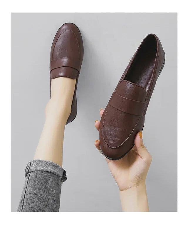 Retro British Style Women Leather Shoes Autumn Flat Casual Loafers Fashion Slip on Round Toe Office Work Shoes Zapatillas Mujer