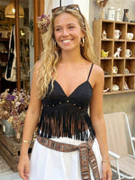 Summer Women's Tassel Corset Tops Retro Cowboy Stylish Sleeveless V Neck Vest Spaghetti Strap Tank Top for Party Street