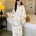 Thicken Flannel Cartoon Female Long Robe Hooded Nightgown Autumn Winter Sleepwear Home Clothes Loose Coral Fleece Warm Nightwear