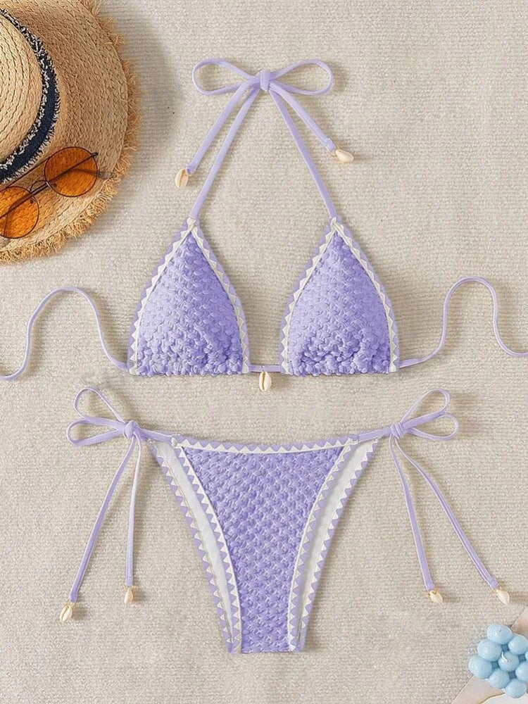 Sexy White Contrast Bikinis Sets 2026 Women Shell Ornament Push Up Tie Side Thong Swimsuit Summer Bathing Suit Micro Swimwear