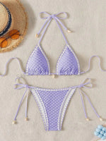 Sexy White Contrast Bikinis Sets 2026 Women Shell Ornament Push Up Tie Side Thong Swimsuit Summer Bathing Suit Micro Swimwear