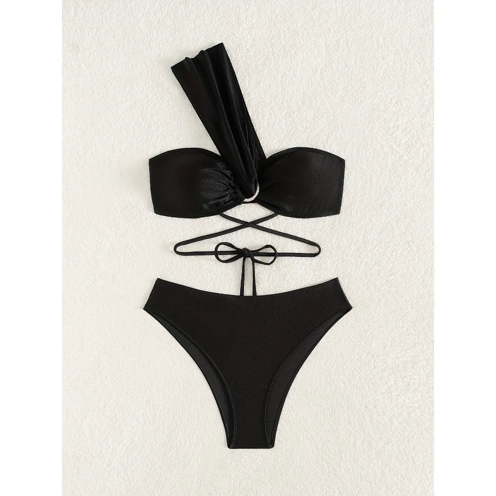 Sexy One Shoulder Black Bikini 2025 Woman Swimsuit Two Pieces Swimwear Female Thong Bikinis Set Bathing Suits Brazilian Biquini