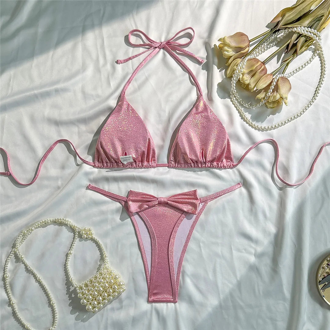 Glitter Sparkling Bow Halter Bikini Female Swimsuit Women Swimwear Two-Pieces Bikini Set Padded Bather Bathing Suit Swim V7567