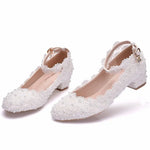 Women 3CM High Heels White Lace Pearl Wedding Shoes Sexy Bride PartyPointed Toe Shallow Mouth Pumps Shoe BridesmaidPink