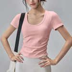 Big round Neck Yoga T-Shirt Short-Sleeved Slimming Sports Top with Fixed Chest Cushion for Running Pilates Summer Stretch