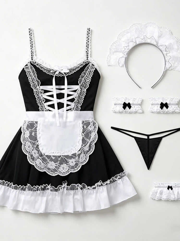 Women Maid Costume Outfit Black White Ruffle Sleeveless Suspender Dress with Apron for Halloween Cosplay Themed Party Role Play