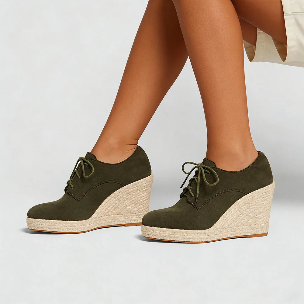 2026 Big Size 43 Vintage Brown Black Pointy Toe Lace-up High Heels Espadrilles Pumps Comfy Walk Office Lady Wedges Shoes Women