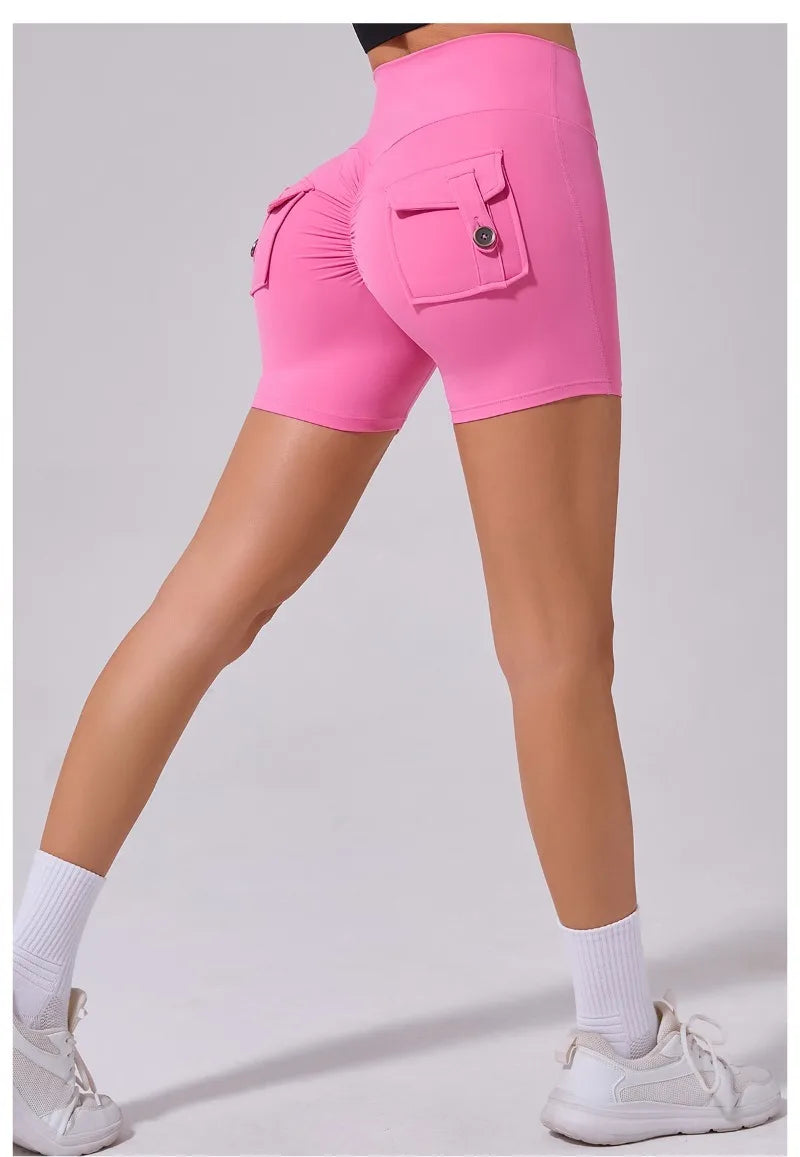Women's Peach Lifting Yoga Shorts - High Waisted Stretchy Workout Shorts with Button Quick-Dry Tummy Control for Running Fitness