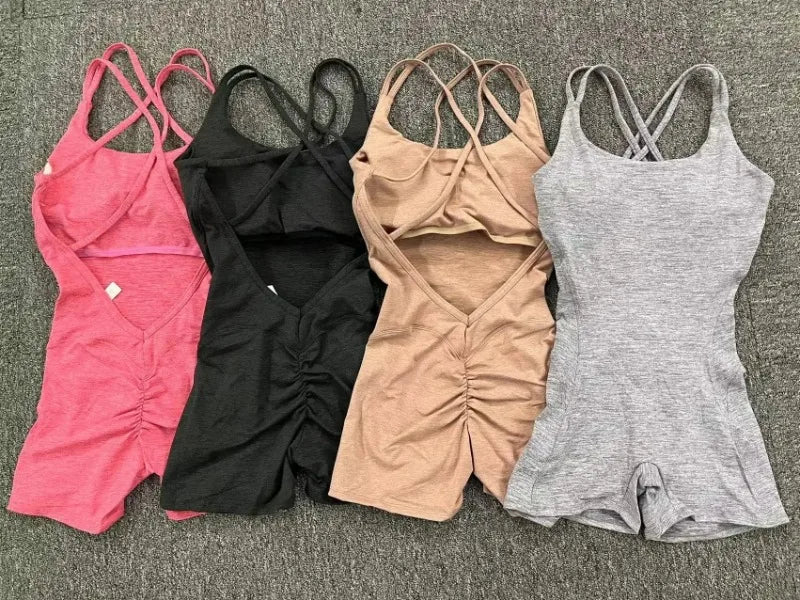 Seamless Yoga Jumpsuits Sports Fitness Pleated Peach Hip-lifting Beauty Back Dance Jumpsuit Workout Gym Shorts Set for Women