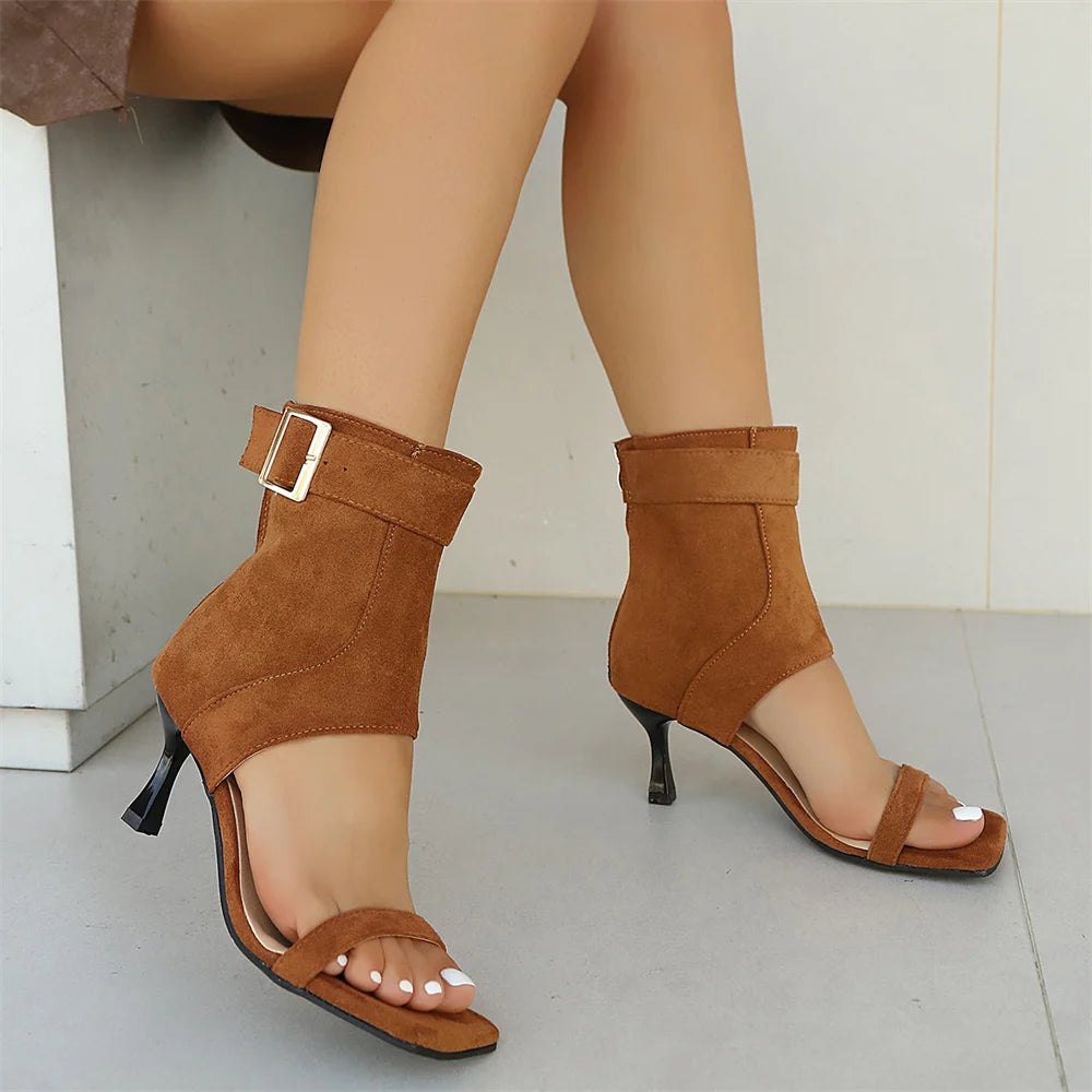 Vintage Black Brown Faux Suede Cutout Ankle Boot Sandals Sexy Back Zipper High Heels Sandals Party Dating Shoes Size 42