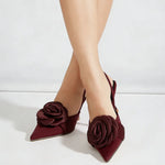 Big Size 43 Elegant Flower Burgundy Slingback Sandals Mules Summer Sexy Pointy Toe Thin High Heels Sandals Shoes Women