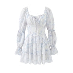 Sweet Long-sleeve Dress For Women Pleated Printed Short Women White Floral Print Mini Dress Long Puff Sleeve For Beach 96U3