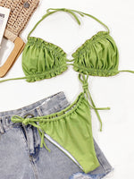Pleated Swimsuit Women Hollow Out Bandage Ruffles Push Up Triangle Bikini Brazilian Black Green Bathing Suit Micro Swimwear 2025