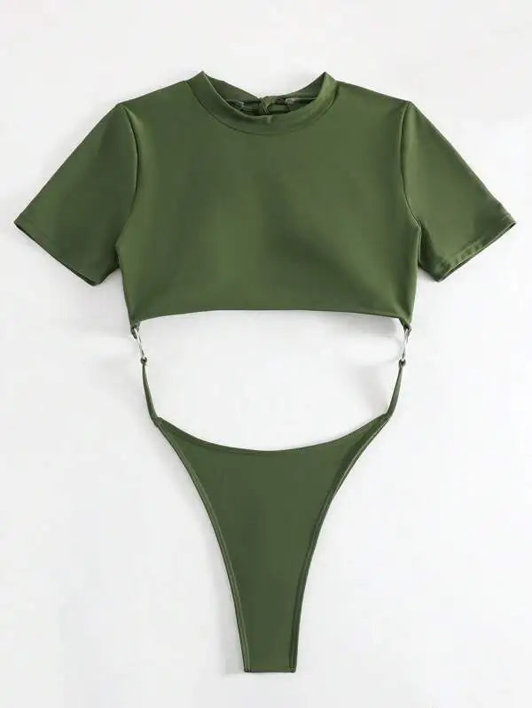XS - L Mini Micro Thong Short Sleeve One Piece Swimsuit Women Female Swimwear Cut Cut Monokini High Cut Bathing Suit Swim Lady