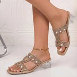 Boho Pearl High Heels Slippers Women's Party Slippers Fashion Sequins Rhinestone Thick Heel Sandals Women's Mules Open Toe Shoes