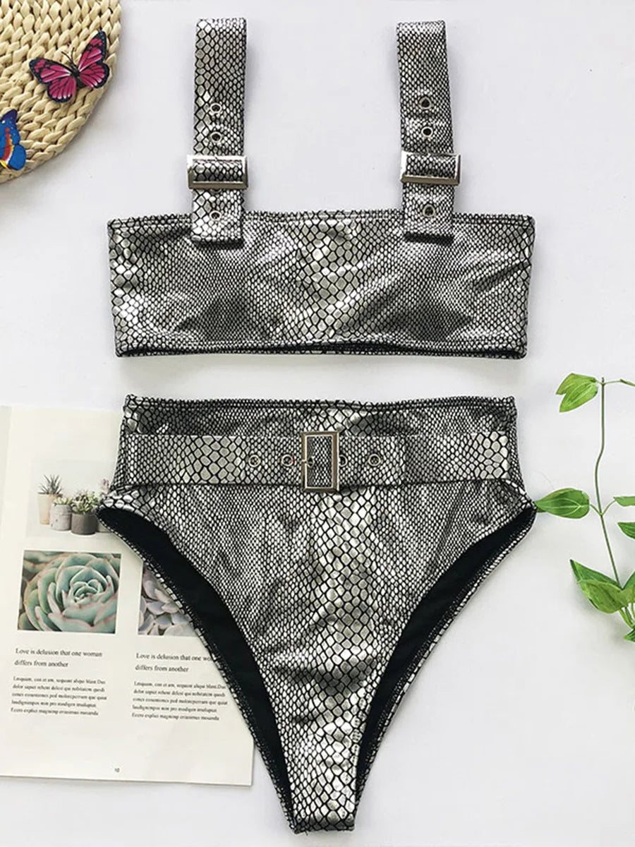 2026 Snake Printed Bandeau Bikini High Waist Swimsuit Women Vintage Swimwear Female Waist Belt Bikini Set Push Up Bathing Suit