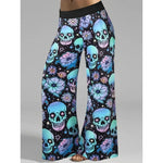 Hallowmas Skull Flower Print Pants Woman 2025 Plus Size Elastic Waist Wide Leg Pant Casual Large Full-length Trousers