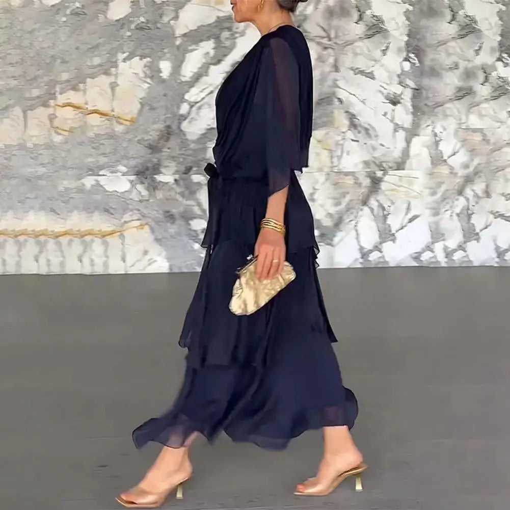 Women's Flowy Chiffon Wedding Guest Dress Ruffle Half Sleeve Empire Waist Ruched Wrap Dress V Neck Tiered Swing Dresses