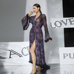 2026 New Women Elegant Butterfly Print Mesh Robe Big Flare Sleeve Lace Up Tassel Fringe High Slit Bathrobe Loungewear