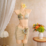 DEKA Sexy Pink 3D Flowers Embroidered Bikini Set Women Drawstring Skirt Swimwear 3 Piece Swimsuit Summer Bathing Suit Holiday