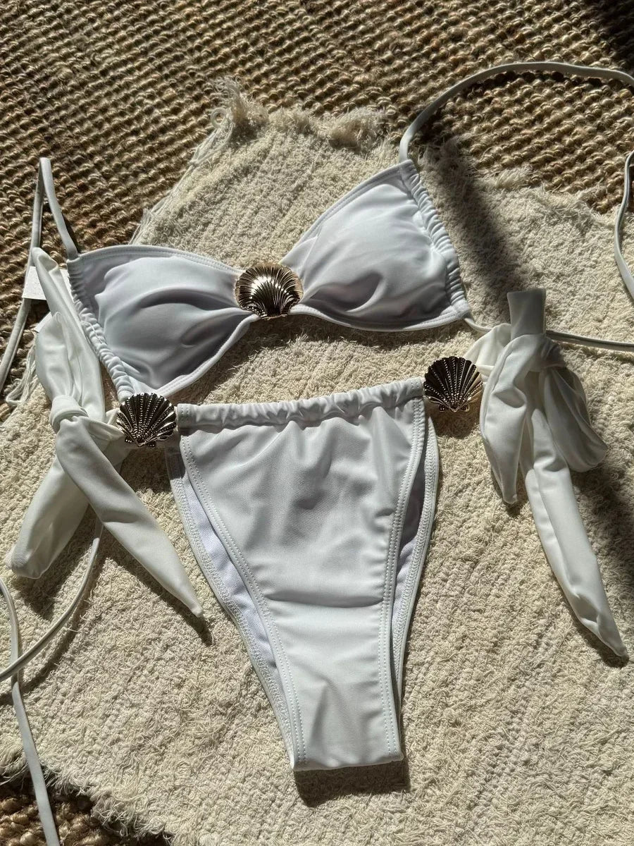 Metal Shell Halter Strappy High Cut Bikini Female Swimsuit Women Swimwear Two-pieces Bikini Set Bather Bathing Suit Swim Lady
