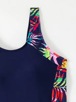 Women One-piece Sports Swimsuit Professional Training Athletic Boyleg Bathing Suit Printed Swimwear Patchwork Beach Wear Blue