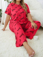 Plus Size 3XL 4XL 5XL Sleepwear Women's Heart Letters Print Pajamas Set Casual Short-Sleeve Top and Pants Loungewear