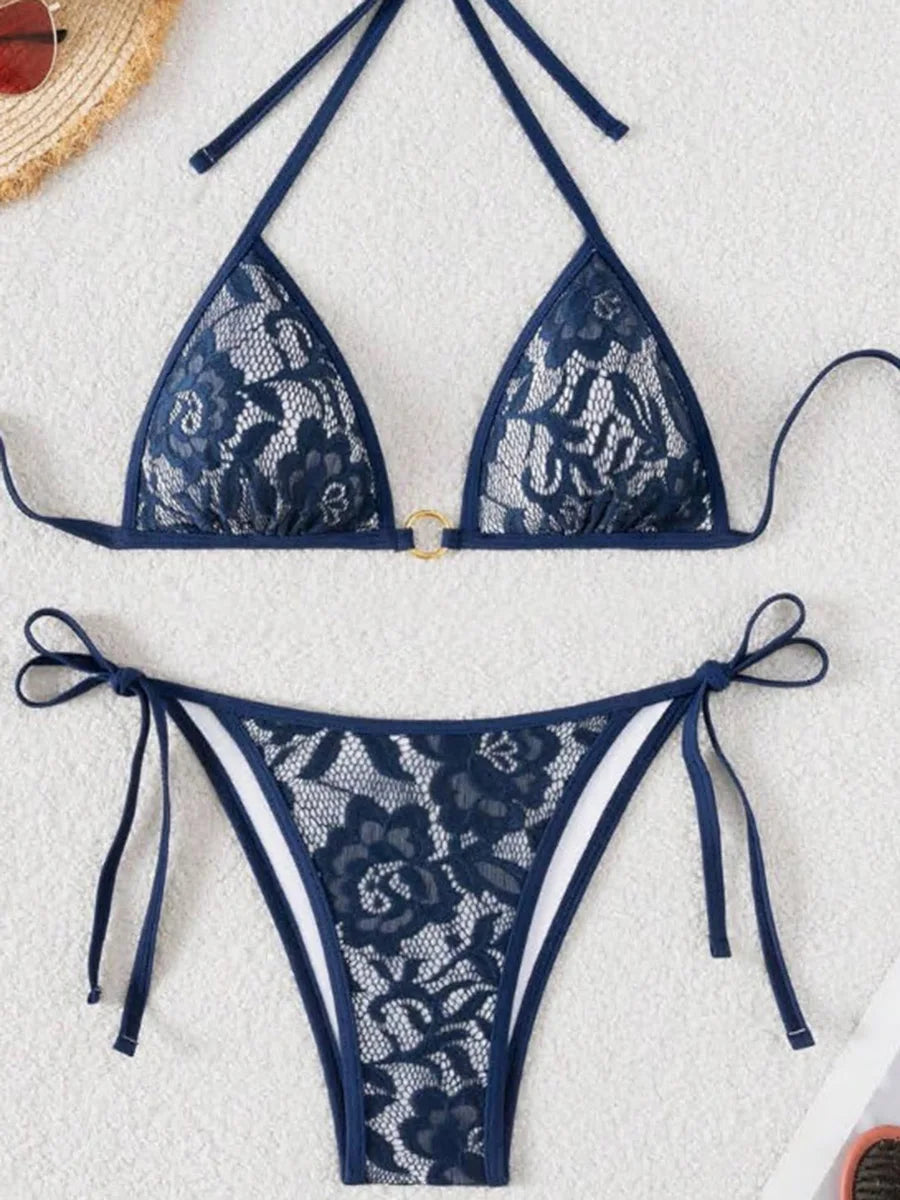 Embroidery Mesh Lace Halter High Cut Bikini Female Swimsuit Women Swimwear Two-pieces Bikini Set Bather Bathing Suit Swim Beach