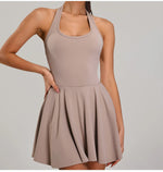 Summer Sleeveless Halter Slim Tennis Dress Women Sexy 2-in-1 Hollow Backless Golf Sports Dresses Outdoor Running Fitness Skirt