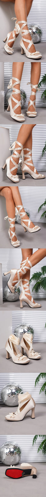 Brand Design Big Size 43 Sweet Pink Mary Jane Pumps Cross-tied Satin 9cm High Heels Ballet Shoes White Party Wedding Shoes Women