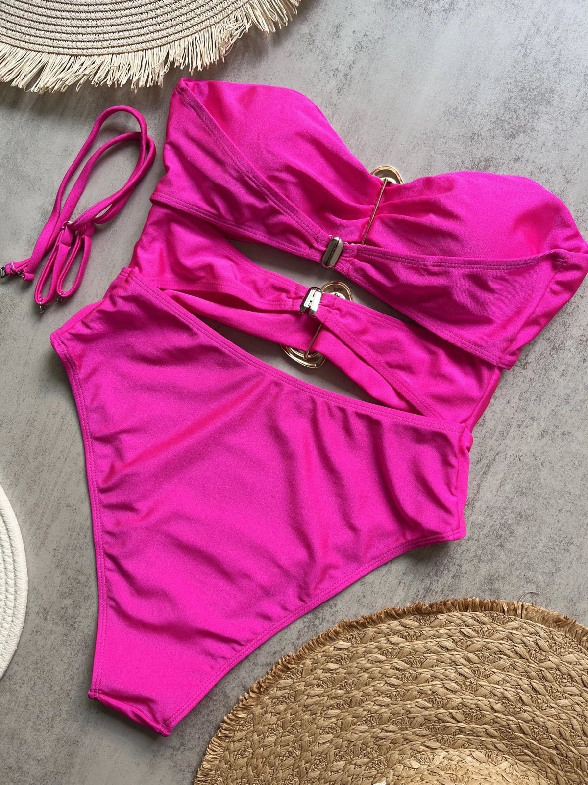 6 Colors Sexy Metal Rings Cut Out Women Swimwear One Piece Swimsuit Female Bandeau High Leg Cut Bather Bathing Suit Swim B027D