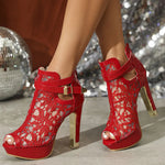 Summer Party Ankle Booties Black High Heels Platform Sandals Women Peep Toe Elegant Lace White Wedding Bridal Dress Shoes