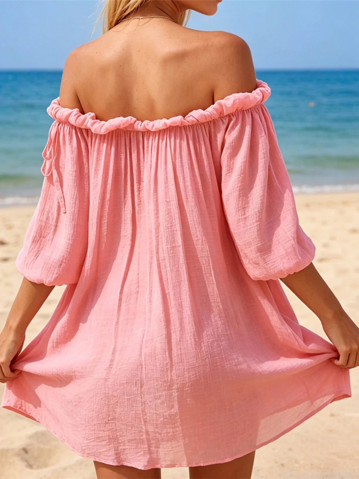 New White Long Sleeve Cut Out Crochet Knitted Tunic Beach Cover Up Beach Wear Beachwear Female Women Cover-ups Beach Dress K8075