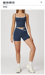 Yoga Shorts Sets Fake Two Piece Hanging Neck Shockproof Vest High Waist Pants Fitness Suit Breathable Women's Tight Sports Set