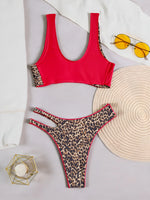 sexy leopard print patchwork cross bikinis sets two pieces hollow out thong swimsuits bathing suit swimwear biquini bakini