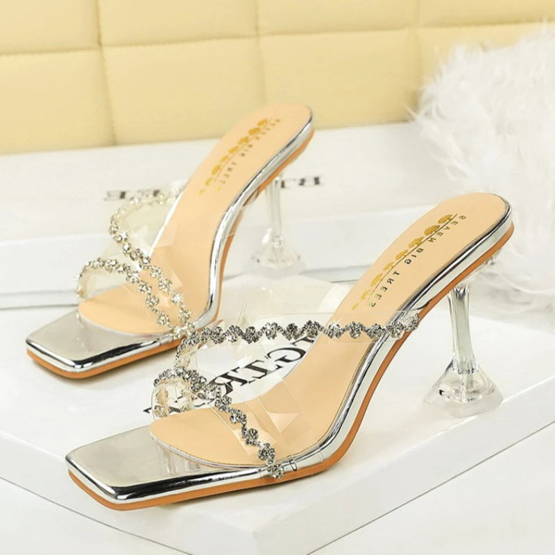 Transparent High Heels Women's Summer New Fashion Thin Heel Sandals Outdoor Wear Rhinestone Slippers Modern Minimalist Style