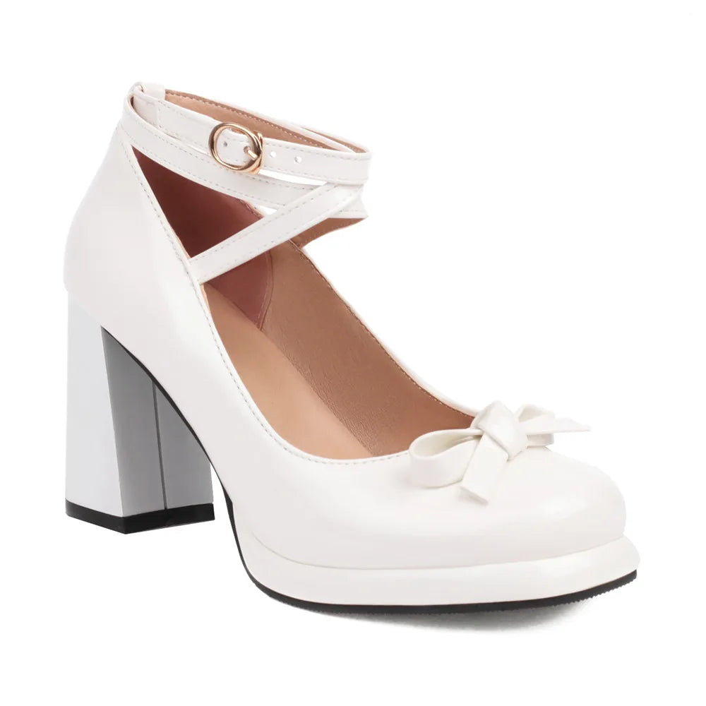 Big Size 43 Sweet Bow knot Mary Janes Shoes Cute Burgundy Ankle Strap Pumps Lolita Platform Block High Heels White Wedding Pumps