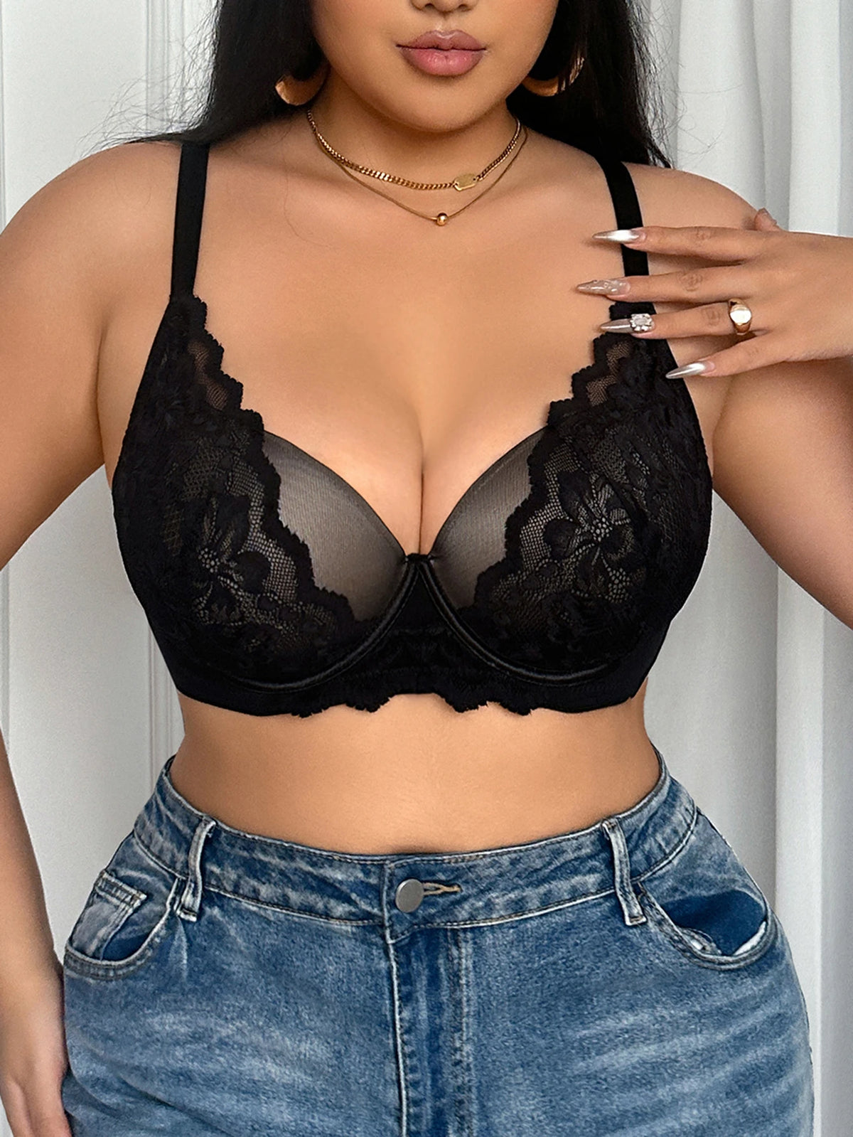 Plus Size Women Bra Wide Strap Mesh Lace Push Up Bra Comfort Thin Cup Underwire Support Lingerie Brassiere