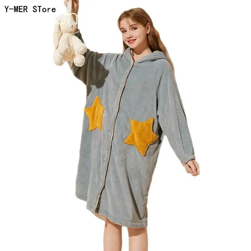 Unisex Men Women Warm Loungewear Dressing Gown Winter Thickened Coral Fleece Kimono Bathrobe with Star Pockets