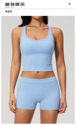 Gym Women Yoga Sets Women Brushed Square Neck Slim Sports Tank Top Fitness Suit Outwear Running High Waist Shorts Tracksuit