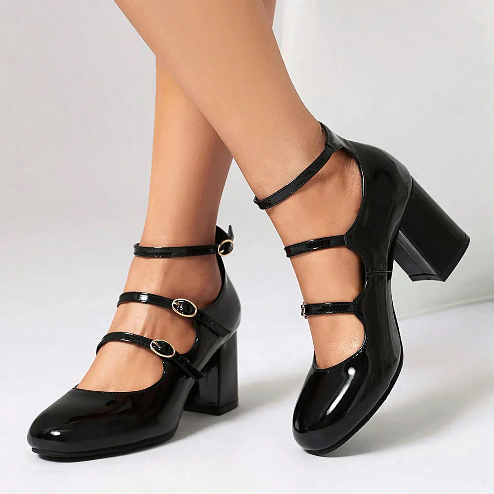 Brand New Big Size 43 Sweet Red Mary Jane Pumps Lovely 7cm High Heels Buckle Straps Party Shoes Black Office Lady Shoes Women