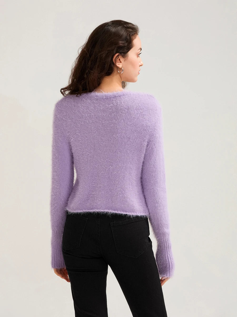 Fall Winter Women Button Down Cropped Knit Cardigan Solid Color Knitwear Fuzzy Long Sleeve V-Neck Loose Sweater