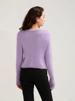 Fall Winter Women Button Down Cropped Knit Cardigan Solid Color Knitwear Fuzzy Long Sleeve V-Neck Loose Sweater