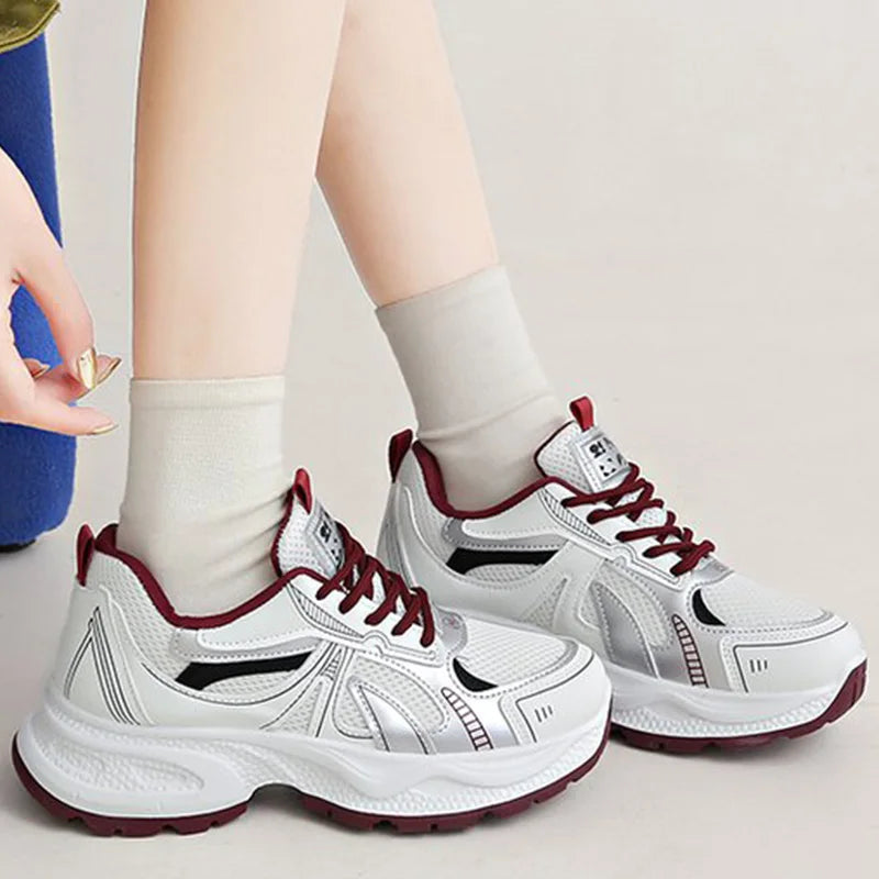 Breathable Mesh Running Sneakers Women Spring Autumn Fashion Mix Color Platform Sports Shoes Woman Lace Up Non Slip Shoes Female